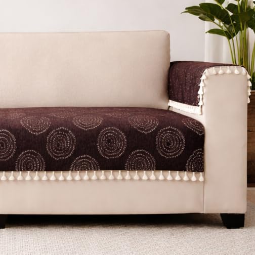 Image of STITCHNEST Woven Fabric Sofa Cover 2 Seater with 2 Hand Rest Covers - Washable Brown Sofa Cover with Tassels - Durable Premium Fabric - Stylish Sofa Protector for Living Room & Furniture Decor