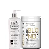 Kit Felps Professional Black 4K Toner Hair Mask 500ml, Premium Blond 9 Tones Bleaching Powder 500g, Gray Effect Treatment Kit for Color-Treated Hair