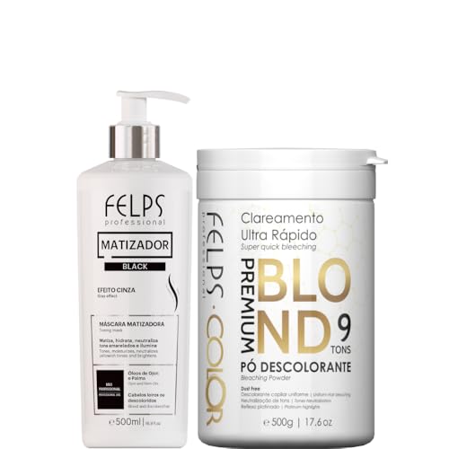 Kit Felps Professional Black 4K Toner Hair Mask 500ml, Premium Blond 9 Tones Bleaching Powder 500g, Gray Effect Treatment Kit for Color-Treated Hair
