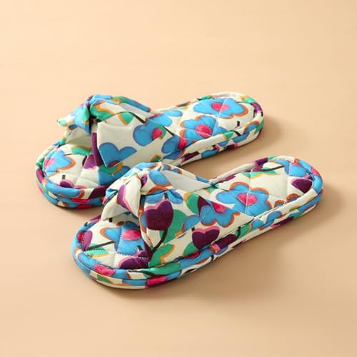 Bow-Knot Floral Cotton Slippers for Women, Open Toe Indoor Slide Comfortable Washable Absorb Sweat Cloth Bottom Stitching Home Shoes3