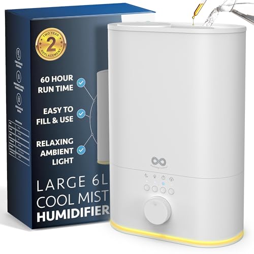 Everlasting Comfort Top Fill Humidifiers for Bedroom, 6L High Mist Output - 60HR Runtime, Easy to Use & Clean Ultrasonic Humidifier Large Room Humidifiers for Home, Baby, Plants, Congestion, Indoor