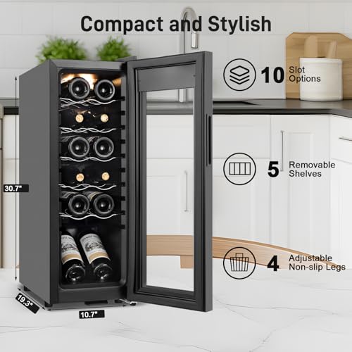 Image of Tylza 12 Bottles Wine Fridge, Wine Cellar with Powerful Compressor, LED Touchscreen, Low-E Tempered Glass Door, Lock, Wine Cooler Refrigerator for Red, White, Champagne or Sparkling Wine, Black