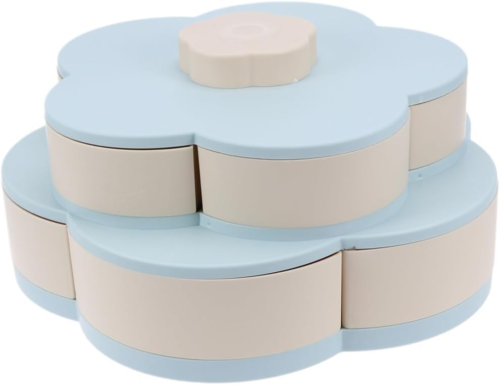 POPETPOP Rotating Snack Tray - Double Deck Flower Shaped Fruit Bowl Snack Serving Tray with Removable Compartment for Nut Candy Dried Fruit Food Storage Organizer