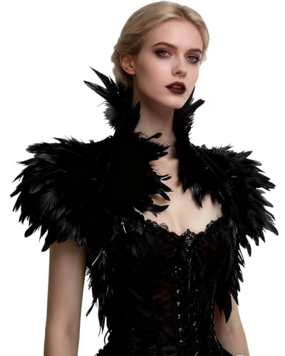 ZAKIA Gothic Feather Shrug Cape Shawl Stole Shoulder Wrap Collar Halloween Costume (Black)