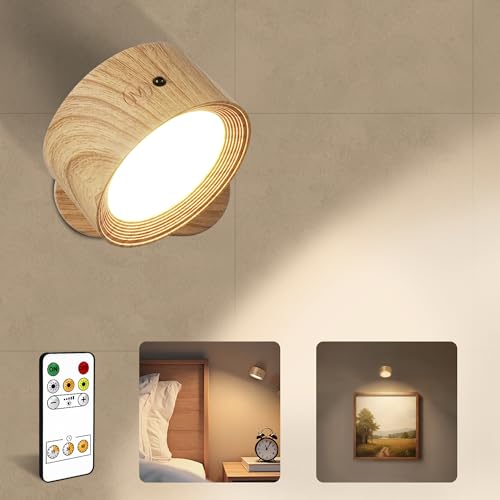 AMETHEUS LED Wall Mounted Lights Rechargeable Wall Sconces 3 Color Temps Remote & Touch 360 Rotating and Dimmable for Bedroom Bedside & Reading (Wood 1 Pack)