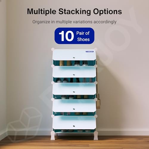 Image of BOXJOY 5 Shelf Plastic Shoe Rack with 5 Doors & 5 Hook Steel Holder (Blue) | Shoes Stand Organiser with Feet, Metal Frame Door & Wooden Hammer for Home Storage to Cover Chappal Slipper Sandals