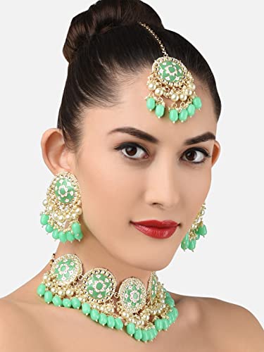Image of ZAVERI PEARLS Green Meenakari Choker Necklace Earring Maangtikka & Ring Set For Women-ZPFK11606