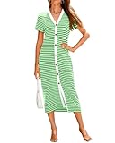 BTFBM Women Casual Summer Dresses Short Sleeve Striped Midi Dresses Decorative Button Ribbed Knit Party Dress(Green,Small)