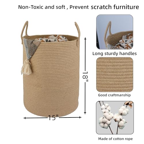 Cotton Rope Laundry Basket Hamper for Clothes Woven Storage Basket for Living Room Bedroom Boho Tall Rope Baskets for Blanket Toys Pillow Towels Baby Nursery Hamper Bin Large jute