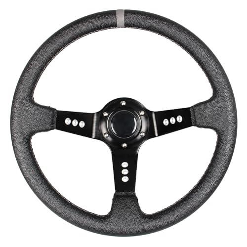 SPAORCCO Gray Stripe Racing Steering Wheel Leather Wrapped 13.5" 350mm Drifting Deep Dish Car Sports Steering Wheel with Horn Button