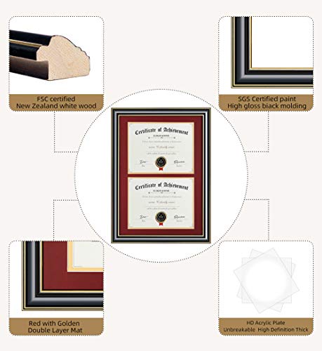 Image of ELSKER&HOME Double Diploma Frame for Two 8.5x11 with Red Mat,Wood Black | Made for Certificates&Document 13.5x20 Inch Without Mat for Documents Certificates (Double Mat, RED Mat with Golden Rim)