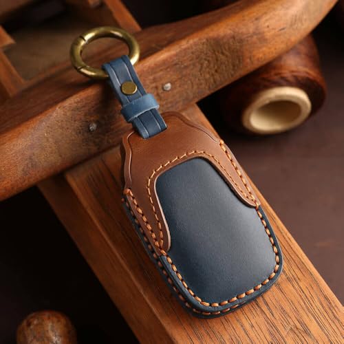 Image of Keyzone Dual Leather Key Cover for Toyota Fortuner, Legender, Land Cruiser, Innova HyCros, 3 Button Smart Key (Blue-Brown)