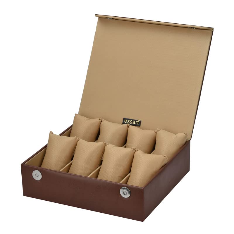 essart (Sarvika PU Leather Supreme 8 Slots Watch Storage Box Removable Cushions, Magnetic Closure – Brown
