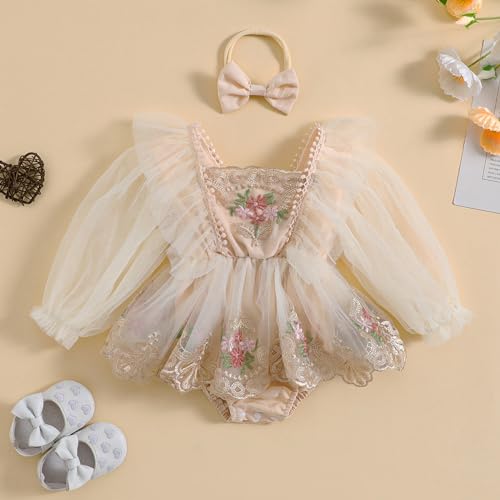 BULINGNA Infant Baby Girl Tutu Romper Dress with Headband Mesh Long Sleeve Floral Lace Embroidery Skirt Birthday Outfit3