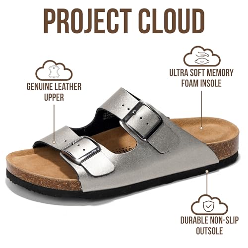 Image of Project Cloud 100% Genuine Leather Flat Sandals For Women 2026 Cork Footbed Womens Sandals with Memory Foam and arch support Vacation Essentials Slides for Women Footwear (Venita)