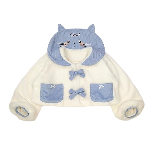 Winter Warm Fluffy Jacket Women Teens Cropped Cute Fleece Faux Fur Lolita Cat Collar Anime Cosplay Fuzzy Coat