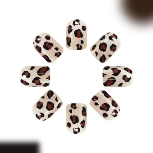 Image of Leopard Print Nail Press ons Glitter Press on Nails Short Square Fake Nails | Fall Winter False Nails with Brown Black Design Reusable Shiny Glossy Full Cover Stick on Nails for Women Cool Manicure 24Pcs