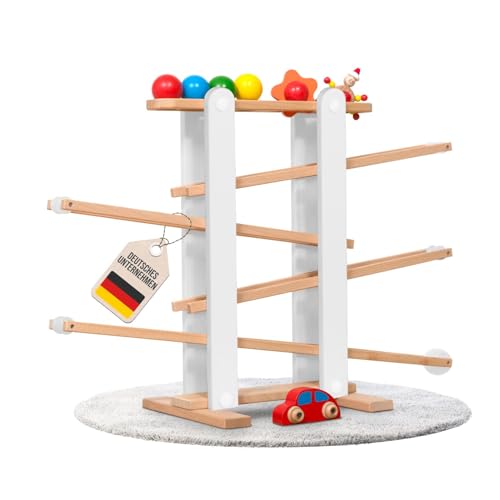 Stabile Kugelbahn L aus Holz Grau, 7 niedliche Mobile wie Auto, Blume, Kasper, Kugel, große Murmelbahn für Kinder, Rennbahn für Baby und Kleinkind, Motorikspielzeug