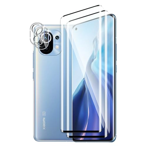 DXULWLM 2+2 Piezas Cristal Templado para Xiaomi Mi 11,con protector de Lente de cámara,HD transparente,3D Cobertura Completa,Dureza 9H,Sin Burbujas,Anti-Arañazo Protector de Pantalla