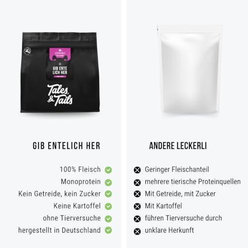 Tales & Tails Leckerli für Hunde, 100% Ente, 250g Tüte