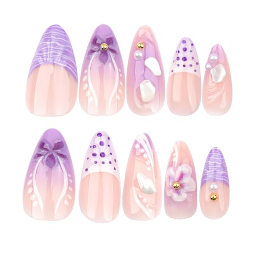 Image of Purple Press on Nails French Tip Fake Nails Medium Almond False Nail with Pearl Design 3D Flower Glue on Nails Artificial Acrylic Nail Nude Stick on Nail for Women Girls Manicure 24Pcs
