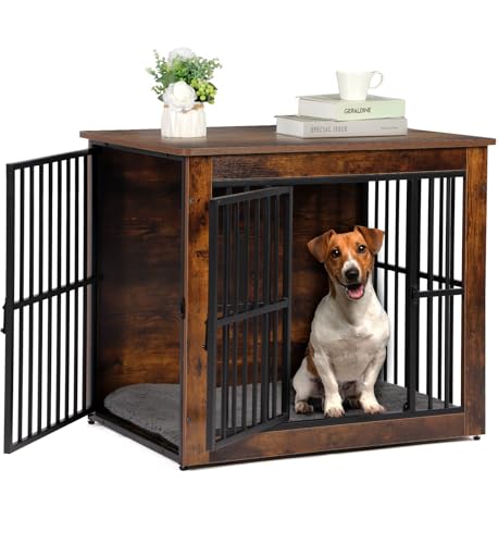 Hello-5ive Grande gabbia per cani mobile, gabbia per cani in legno con doppie porte, resistente cuccia per cani da interno con tappetino in peluche per cani di piccola e media, tavolino, 80,5 x 59 x