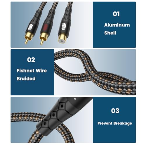 Image of EMK RCA Splitter 2 Male to Female Extension Cable Dual Shielding Gold Plated Nylon Braided RCA Splitter 1 Female to 2 Male Cord Adapter Black /1ft /30CM