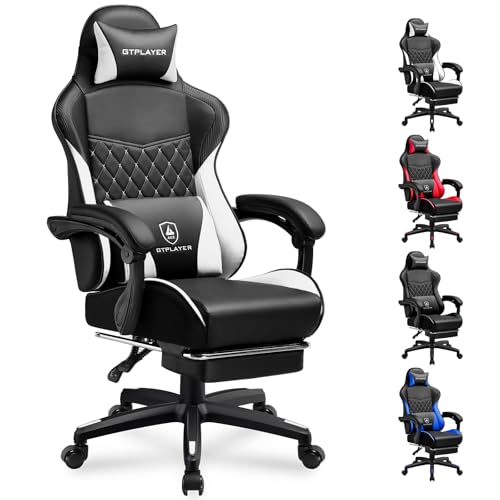 Image of GTPLAYER Gaming Chair, High Back Leather Computer Gaming Chair with Footrest, Ergonomic Height Adjustable Office Chair with Removable Cover and Lumbar Support for Gaming & Work,White