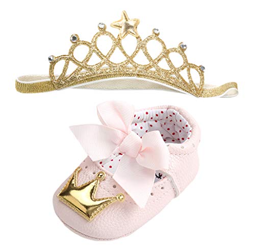 GEMVIE Ensemble de Chaussures et Bandeau Couronne pour Bébé Fille Princesse Tout-Petit Chaussons Respirant Souple Anniversaire Bambin 0-18 Mois Nud Papillon Mignon Premiers Pas