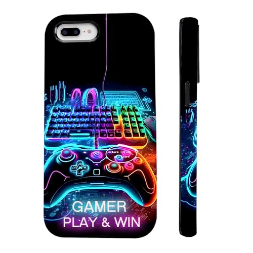 Axuimy Cool Gaming Gamer Play Game Win Phone Case for iPhone 8 Plus/7 Plus (5.5"), Shockproof Soft TPU & Hard PC Hybrid 2-Layer Protective Phone Cover for Kids Teen Boys Men Black