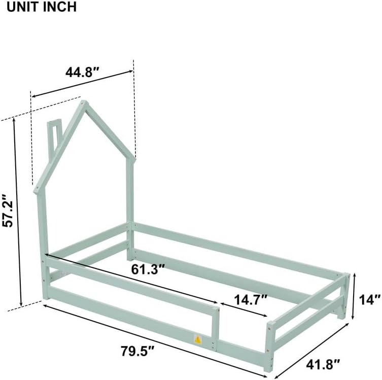 Miniatura 11 de DHAEY Cama de piso para niños, niñas, marco de cama de madera de tamaño individual con cabecera en forma de casa y vallas para niños y niñas, cama