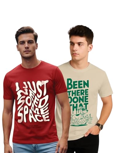 Image of Veirdo Men's Trendy Graphic Regular Fit T-Shirt Combo Pack of 2 | Casual Pure Cotton Round Neck Tees | Stylish Fashion Tops for Everyday Wear | Sizes: S to XXL