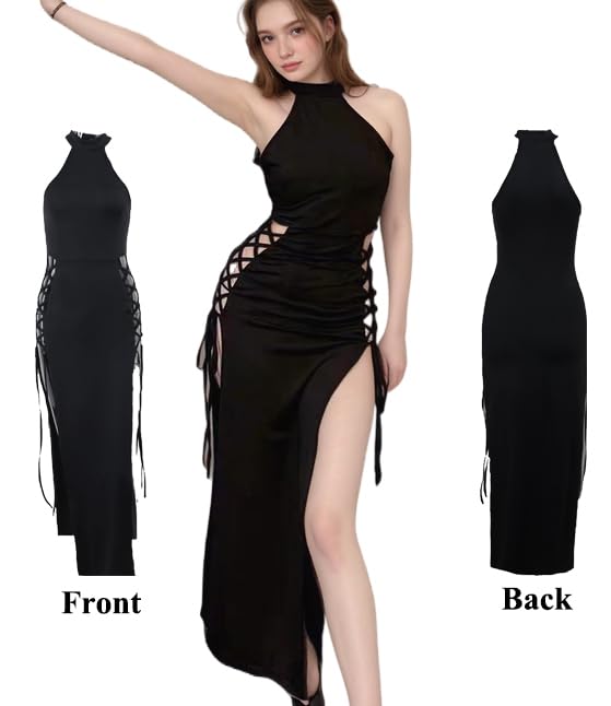 Mingnos Sexy Black Goth Dress for Women, Sleeveless Cutout Side Crisscross High Slit Dresses Cosplay Festival Rave Outfits2