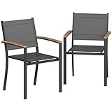 Outsunny Lot de 2 Chaises de Jardin Empilables, Accoudoirs en WPC, Dossier Haut, Chaise de Salle à Manger Exterieure pour Balcon Terrasse Patio, Métal et Textilène, Gris