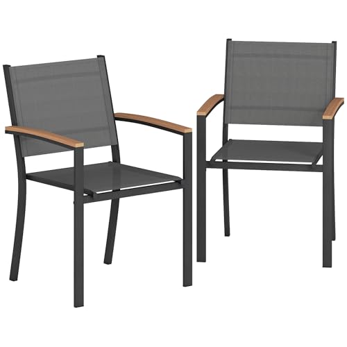 Outsunny Lot de 2 Chaises de Jardin Empilables, Accoudoirs en WPC, Dossier Haut, Chaise de Salle à Manger Exterieure pour Balcon Terrasse Patio, Métal et Textilène, Gris