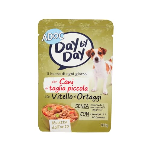 Adoc Day by Day, Alimento Umido Completo per Cani Adulti, Bocconcini con Vitello e Ortaggi, 24 Buste da 100 g, Ingredienti Naturali, Senza Conservanti e Coloranti