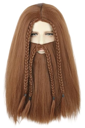 Topcosplay Conjunto de peluca y barba para hombre, estilo vikingo, pelo largo trenzado marrón con pelo facial, peluca medieval de pirata guerrero para cosplay