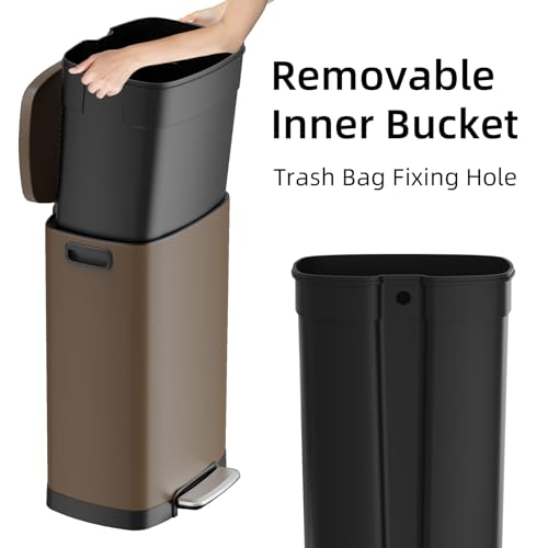 Image of KUK 13 Gallon Kitchen Trash Can with Lid, 50L /13Gal Office Step Garbage Can for Home, Kitchen, Laundry Room, Office, Brushed Stainless Steel, Brown