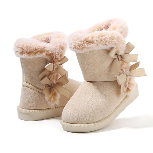 LONSOEN Kids Winter Snow Boots Bows Lightweight Warm Faux Fur