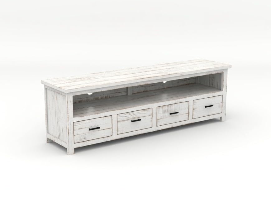 Image of Sheesham Solid Wood TV Cabinet for Living Room | Handcrafted Wooden TV Unit with Storage | Elegant Entertainment Stand for Modern Homes (4 Drawer Tv Cabinet, Rustic White)