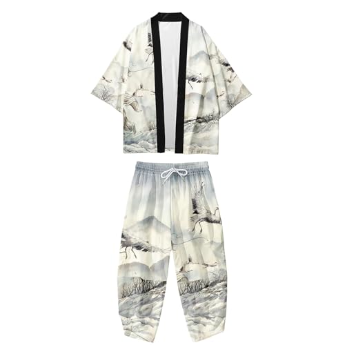 Image of DOSLAVIDA Men's Japanese Kimono Cardigan Suit Chinese Style Printed Jacket Pants Set Open Front Seven Sleeve Top & Shorts