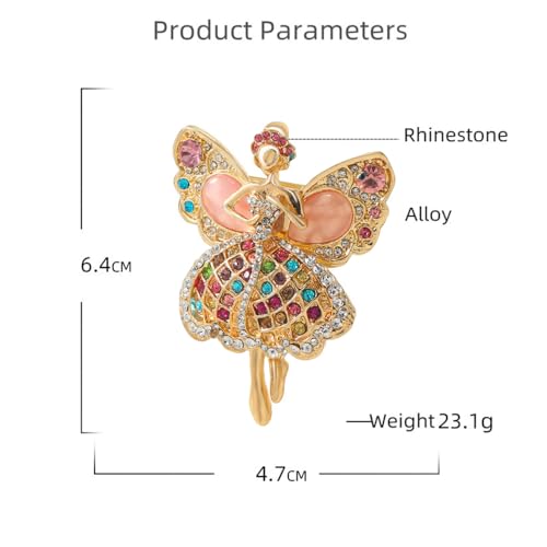 Image of Rhinestone Angel Ballerina Brooch Pin for Women Girls Fashion Crystal Gold Tone Cute Fairy Butterfly Ballet Dancer Brooches Lapel Pins Dainty Dress Accessories Birthday Christmas Jewelry Gift