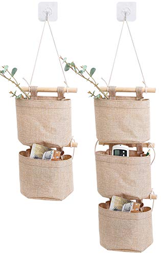 Image of AARAINBOW 1 Pack Mini Cotton Linen Fabric Closet Washable Hanging Storage Bag with 5 Pockets Over The Wall Door Organizer for Room Bathroom (Khaki-5 Pockets)