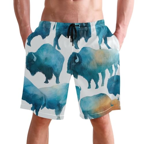Men's Swim Trunks Quick Dry Swimming Shorts with Pocket Abstract Bison Pattern Print Design Swimsuit Trunks