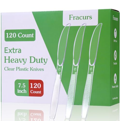 Fracurs 7.5 Extra Plastic Knives Heavy Duty 120 Count Premium Disposable Plastic Knives Bulk BPA-free & Heat Resistant Solid and Sturdy Clear Knives for Parties Events and Daily Use