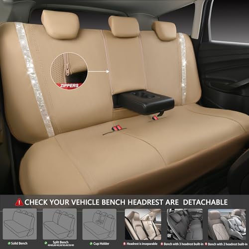 Image of CAR PASS Bling Diamond Car Seat Covers Full Set, Shining Glitter Rhinestone Waterproof Faux Leather Interior Sets Universal Fit Automotive Glitter Crystal Sparkle Strips for Cute Women Girl, Beige