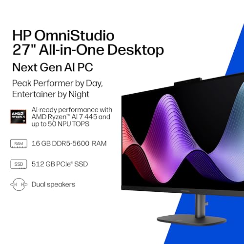 Image of HP OmniStudio 27 inch All-in-One Desktop Next Gen AI PC, FHD Display, AMD Ryzen AI 7 445, 16 GB RAM, 512 GB SSD, AMD Radeon 840M Graphics, Windows 11 Home, Jet Black, 27-cw0102 (2026)