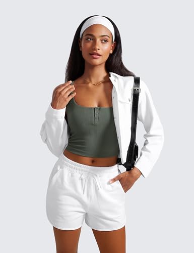 Image of CRZ YOGA Ribbed Henley Crop Tank Tops | Medium Support, Removable Pads, Casual, Square Back, Wide Straps, Longline Sports Bras for Women