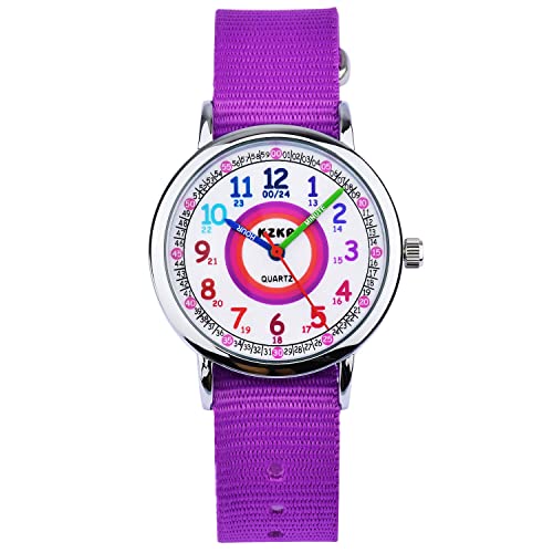 Montre Enfant Montre d'enfant Fille Nylon Violet Montre pour Fille Montre pour Enfant Fille Montre pedagogique Time Teacher Cadran Easy-Read KW108-NEW