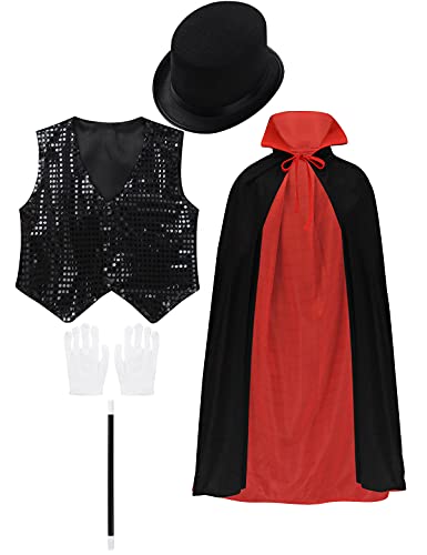 Agoky Enfant Unisexe Déguisement Magicien Sorcier Cosplay Costume Halloween Garçon Fille Cape Mage Manteau Longue Baguette Magique Chapeau Melon Tenue Fête Bal 5-10 Ans Noir A 10-12 Ans